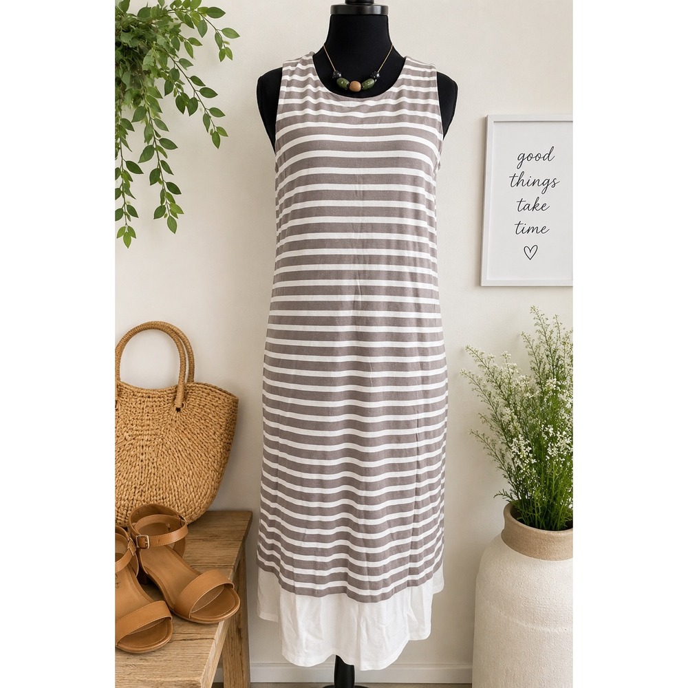 Garnet Hill XS Sleeveless Stripe Midi Dress Taupe White Layered Hem Casual